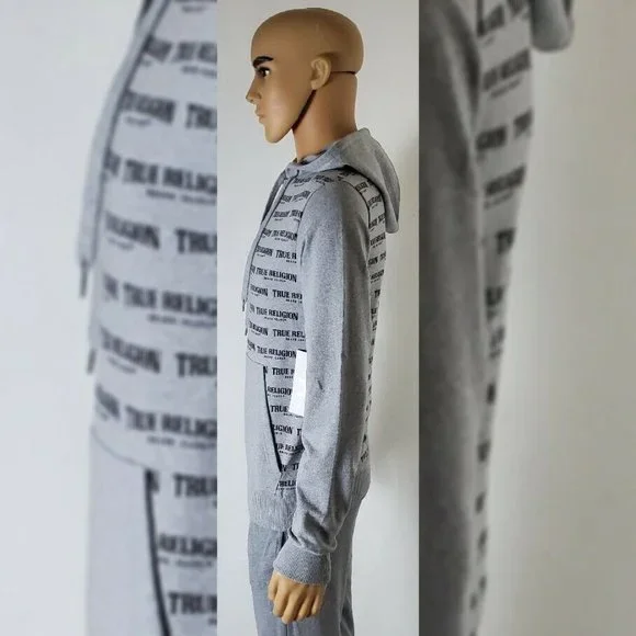 TRUE RELIGION LOUNGEWEAR HODDIE MEN ALLOVER PRINT SCRIPT REPEAT LOGO SIZE S GREY - Picture 2 of 11